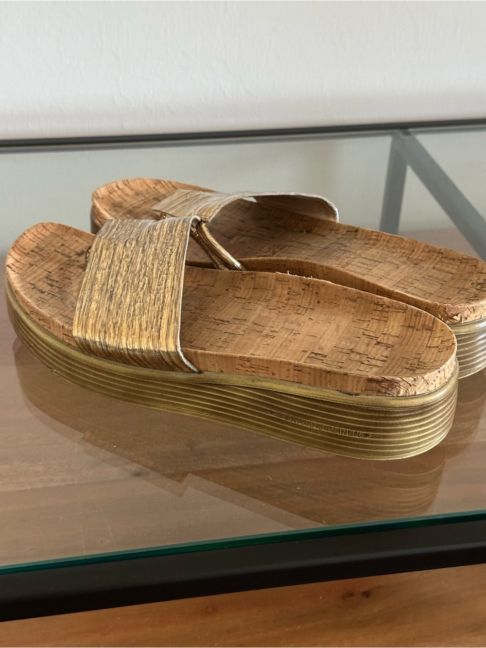 Donald J. Pliner Metallic Gold Cork Platform Slide Fifi Sandals Size 9